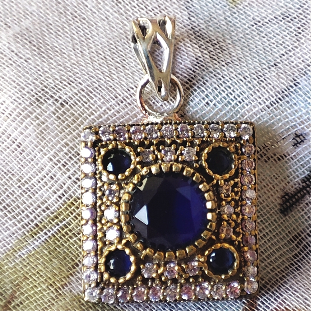 Sapphire Blue Clear Rhinestone Gold Silver Tone Turkish Jewelry Pendant NWOT